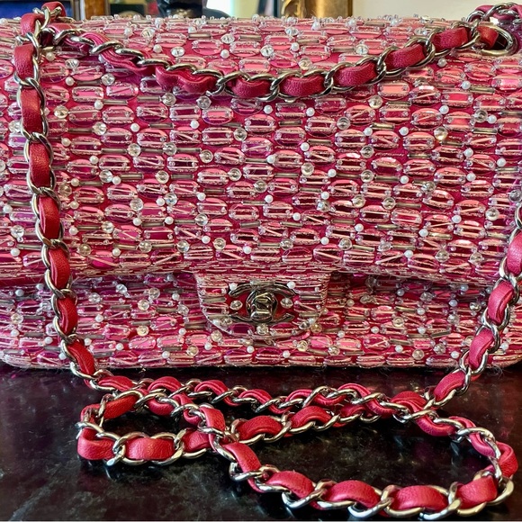CHANEL Handbags - CHANEL Pink Beaded Satin and Pearl medium classic double flap Bag